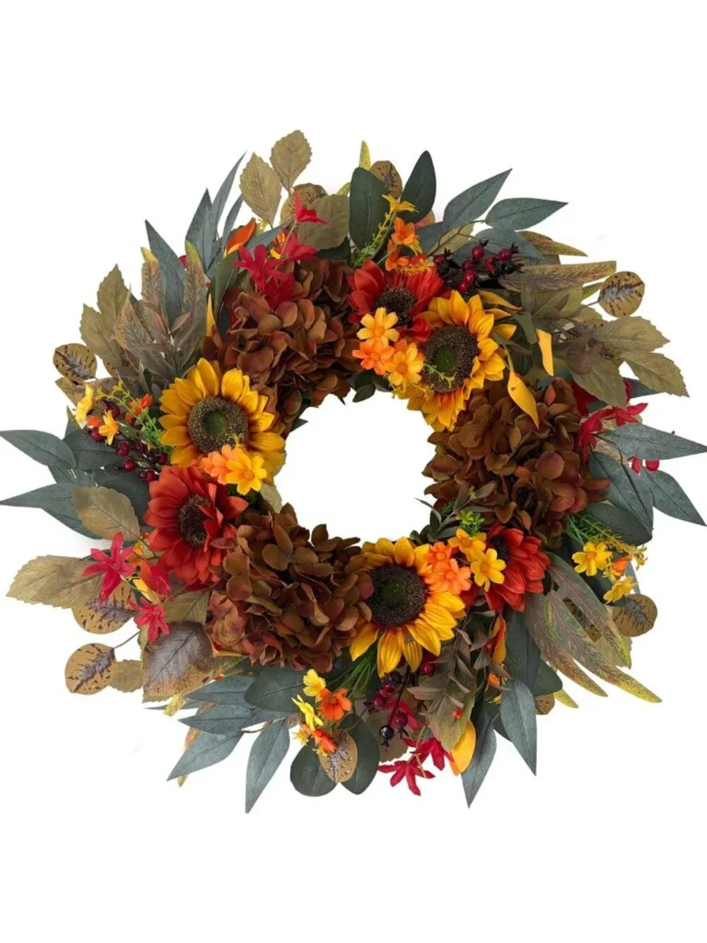 24-Inch Fall Sunflower & Hydrangea Wreath for Autumn Front Door Decor